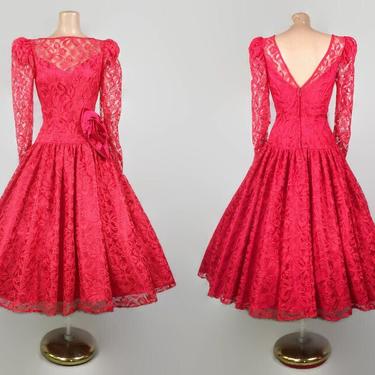 VINTAGE 80s Red Lace Illusion Party Dress | 1980s Sweetheart Formal Gown | Sheer Sleeve Full Sweep Prom Dress | Drop Waist Swing Dress 