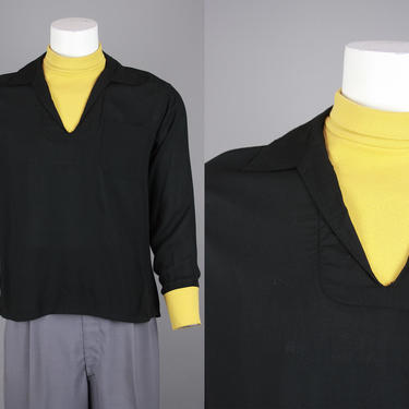 1950s Gabardine Shirt with Ribbed Jersey Collar &amp; Cuffs | Vintage 50s 60s Men's Two Tone Casual Pullover | Medium 