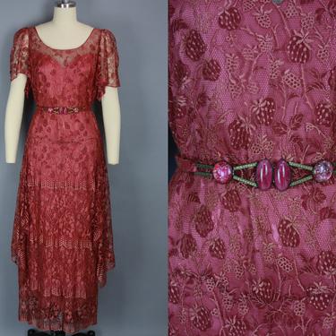 1920s BERRY LACE Dress | Vintage 20s Pink Gown with Matching Belt | small 