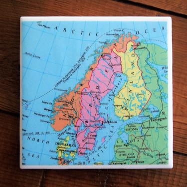 1993 Scandinavia Vintage Map Coaster - Ceramic Tile - Repurposed 1990s Atlas - Handmade - Northern Europe - Finland Sweden Denmark Norway 