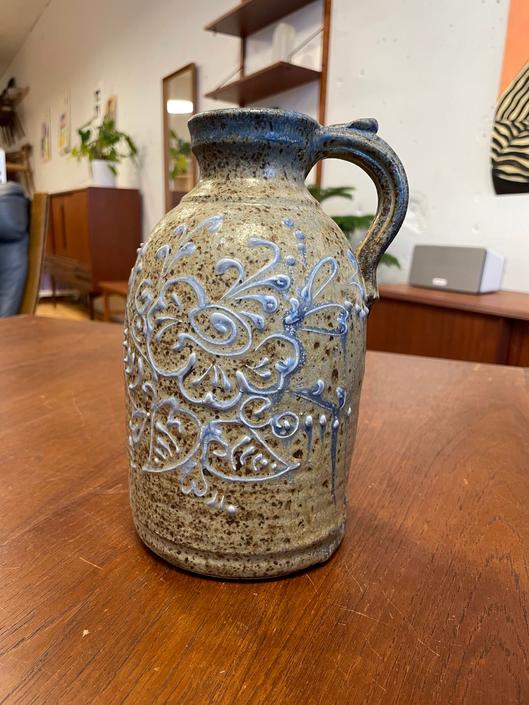 Tall Stoneware Jug with Handpainted Pattern