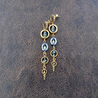 Long brass geometric earrings, brutalist earrings, mid century modern earrings, bold statement earrings, teal hematite earrings, 