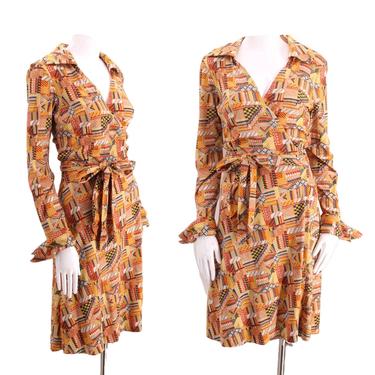 70s HUKAPOO print wrap dress M / 1970s vintage jersey geometric print sash tie dress 1970s S-M 
