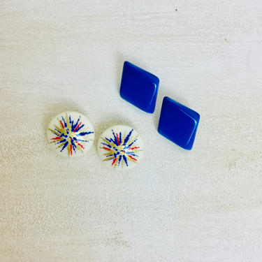 Vintage 80s Geometric Earrings Cobalt Blue Lucite Diamond Stud Earrings Avon Fireworks Round Stud Earrings 
