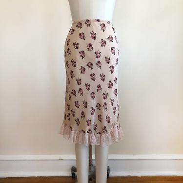 Pale Pink Rose Print Silk Slip Skirt with Pleated Lace Trim - 1990s 