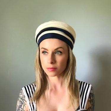 Vintage 50s Navy Blue and Ivory Hat 