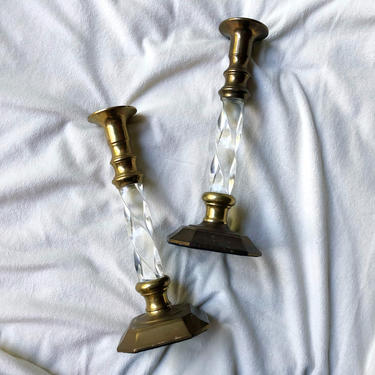 Brass and Twisted Lucite Candlestick Pair | Brass Candleholder Set of 2 | Vintage Brass Candleholder | MCM Brass Candleholder 