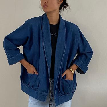 80s jean blazer jacket / vintage denim open front batwing sleeve jean jacket blazer | L 