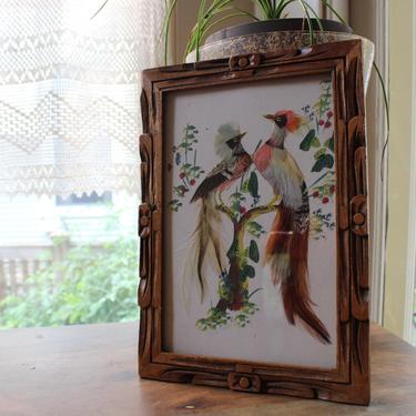Vintage Colorful Bird Painting Tiki Carved Wood Frame 