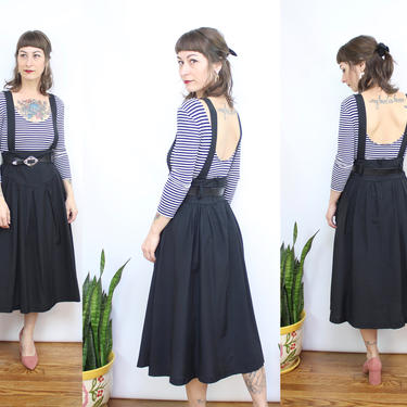 Vintage 90's Suspender Straps Skirt / 1990's Pinafore Dress / Black Rayon Overall Skirt / Women's Size Small 