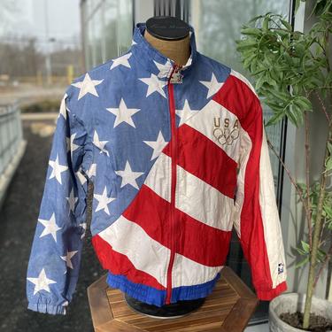 Vintage Starter Official US Olympic Team Nylon American Flag Zip-Up Windbreaker Jacket 1990s Track Athletic Stars and Stripes 