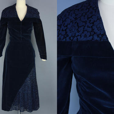 1940s BLUE VELVET &amp; LACE Dress | Vintage 40s Deep Blue Evening Dress with Self Covered Buttons and Large Collar | Small 
