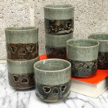 Vintage Japanese Cups Retro 1960s Mid Century Modern + Somayaki Soma Ware + Set of Four Matching + Sake + Handmade Pottery + Kitchen Decor 