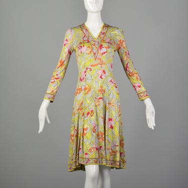 XXS 1960s Emilio Pucci Dress Signature Print Long Sleeve Silk Rayon Jersey 