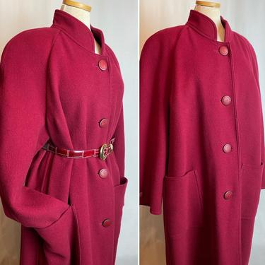 90’s overcoat~ minimalist Soft burgundy red~ large patch pockets~ Angora & wool~ made in France~ plus size volup~ oversized boxy/ 50 