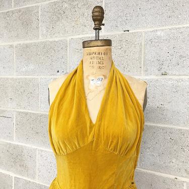 Vintage Dress Retro 1960s Handmade + Velveteen + Mustard Yellow + Gold + Halter + Floor Length + Velvet + Formal Wear + Womens Apparel 