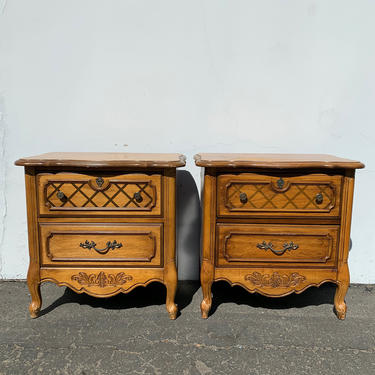 Pair of Nightstands French Provincial Set of Wood Bedside Tables Vintage Bedroom Storage Hollywood Regency Rococo Baroque CUSTOM PAINT AVAIL 