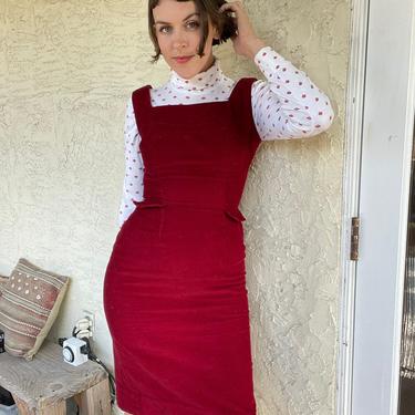70s red corduroy fitted dress by the villager 