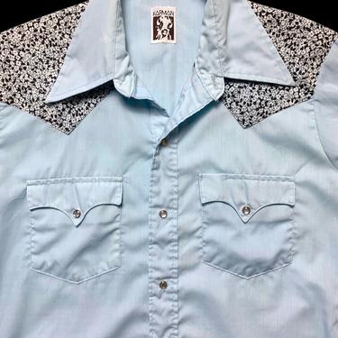 Vintage 1970s KARMAN Western Shirt ~ size M ~ Floral Yoke ~ Snap Button ~ Rockabilly ~ 