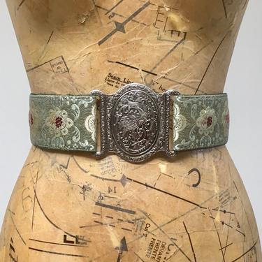 Vintage 1960s Boho Brocade Belt, 60s Ren Faire Statement Belt w/ Engraved Metal Dragon Buckle, Fairy Tale Fantasy Belt, Small - Medium 