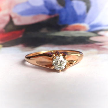 Antique Solitaire Engagement Ring Victorian 1890's .38ct Rose Gold Belcher Vintage Wedding Old European Cut Promise Ring 10k Gold 