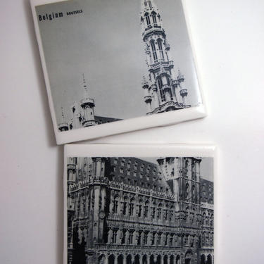 1954 Brussels Belgium Town Hall Vintage Photograph Coasters - Ceramic Tile Set of 2 - Repurposed 1950s Book - OOAK Drink Coasters 