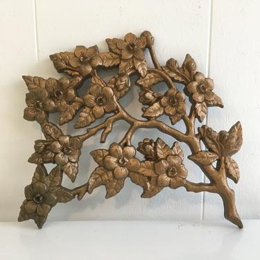Burwood Flowering Dogwood Branch Molded Plastic Wall Hanging Art Plaques Gold Dimensional Flowers Spring Home Decor Cherry Tree Nature 1986 