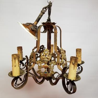 Sweet Vintage Tudor 5-arm Chandelier with Crusader/knight Motif (we have matching sconces!)