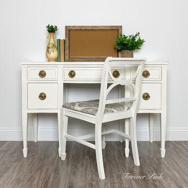 Vintage White Five Drawer Desk and Chair 