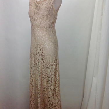 Vintage 1920'S-30'S Lace Dress / 2-Piece Antique Blush Cotton Lace / Flared Skirt / Old Hollywood / Women's Size Medium 