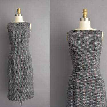 1950s vintage dress | Gray Speckled Soft Wool Cocktail Party Pencil Skirt Dress | XS Small | 50s dress 