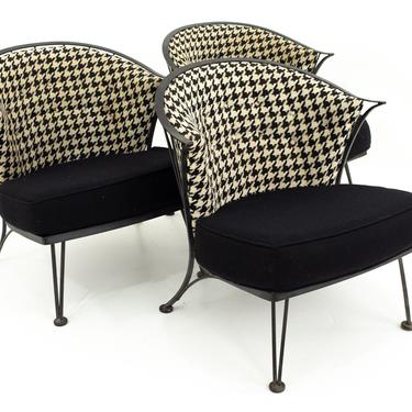 Salterini Mid Century Outdoor Wrought Iron and Black and White Houndstooth Patio Chairs - Set of 3 - mcm 