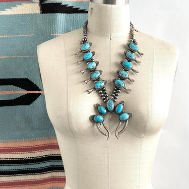 FRITSON TOLEDO Navajo Squash Blossom | Sterling Silver & Kingman Turquoise Naja Pendant Necklace 218g | Native American Southwestern Jewelry 