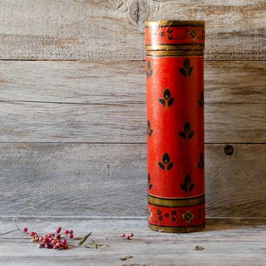 Vintage Papier Mache Hand-Painted Red Lacquered Cylinder Incense Map Tube Blueprint Document Drawing Tube 