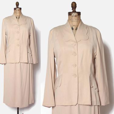 Vintage 40s Ivory Skirt Suit / 1940s Scalloped Wool Gab Tailored Blazer Jacket &amp; Pencil Skirt 