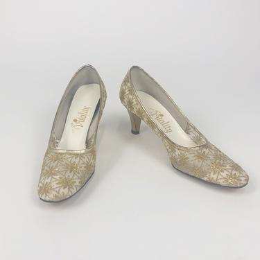 Vintage 1960s Gold Embroidered Sheer Heels, The New Vitality Heels, 60s Mod Heels, Wedding Shoes, Mod Chic, 60s Embroidery, Size 9AA by Mo