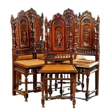 Dining Chairs, Oak, Set of Five Spanish Renaissance Style, Figural, Carved Wood!