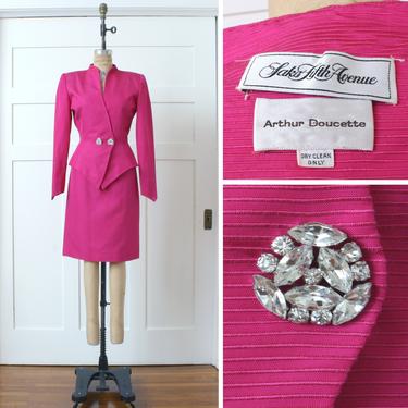 designer vintage 1990s womens suit • neon hot pink silk skirt & jacket • nipped waist power suit 