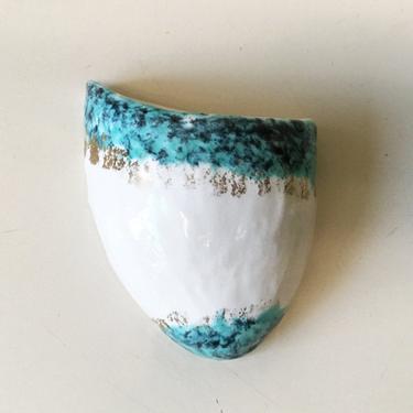 Vintage Wall Pocket 1950s Hand-painted Mid-Century Lusterware Retro Pottery White Turquoise Blue Green Gold 