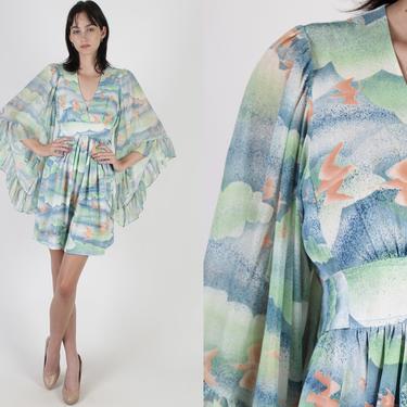 Cloud Print Bell Sleeve Mini Dress / Blue Watercolor Wrap Dress / Angel Sleeves Short Bohemian Dress / Vintage 70s V Neck Kimono Short Dress 