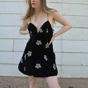 Vintage velvet mini dress / vintage grunge mini dress / vintage black floral mini dress / y2k grunge mini dress / black velvet dress / 