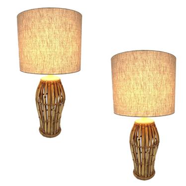 Franco Albini Style Split Rattan Basket Hourglass Table Lamp Pair, w/ Shades 