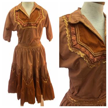 Vintage VTG 1940s 40s Brown Metallic Tiered Patio Skirt and Top Set 