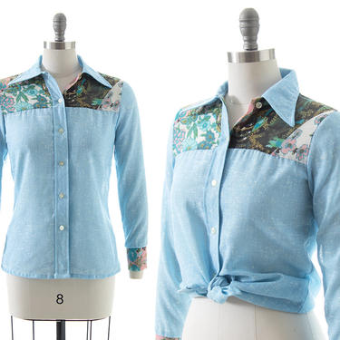 Vintage 1970s Blouse | 70s Floral Printed Chambray Blue Dagger Collar Western Button Up Shirt (small) 