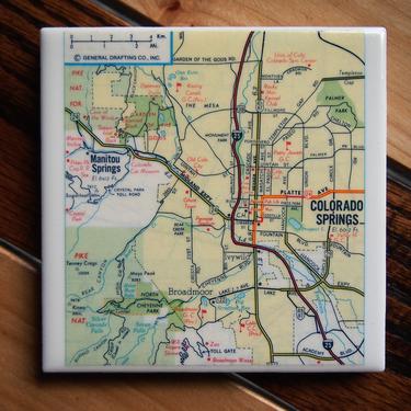 1981 Vintage Colorado Springs Map Coaster. Colorado Map. Manitou Springs. Garden of the Gods. Office décor Colorado. City Map Gift for Him. 