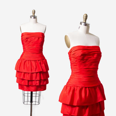 1980s Red Party Dress / 80s Strapless Cocktail Dress Cache 