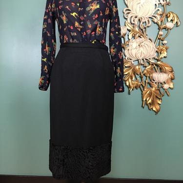 1950s pencil skirt, black wool skirt, high waist skirt, vintage 50s skirt, faux fur skirt, fitted skirt, bombshell skirt, 27, rockabilly 