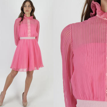 Vintage 60 Pink Chiffon Tuxedo Dress / 1960s Pleated Mod Ruffle Chest Dress / Full Skirt Easter Spring Cocktail Party Mini Dress 