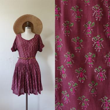 Vintage 80s Block Printed Indian Cotton Drop Waist Dress/ 1980s Loose Fit Summer Dress/ Size Medium 