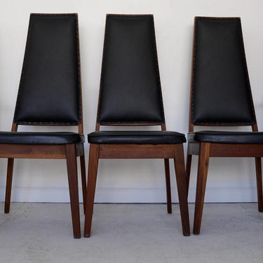 Set of Five Mid-Century Modern Dining Chairs in Solid Walnut - Reupholstered in Black Naugahyde Vinyl 